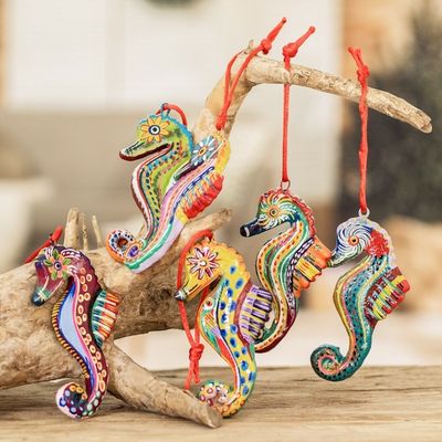 Alternate image for Set of 6 Ceramic Seahorse Ornaments Handmade in Guatemala Seahorse Squadron