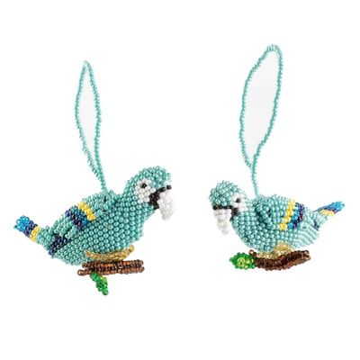Alternate image for Glass Beaded Blue Macaw Ornaments from Guatemala Pair Blue Macaws