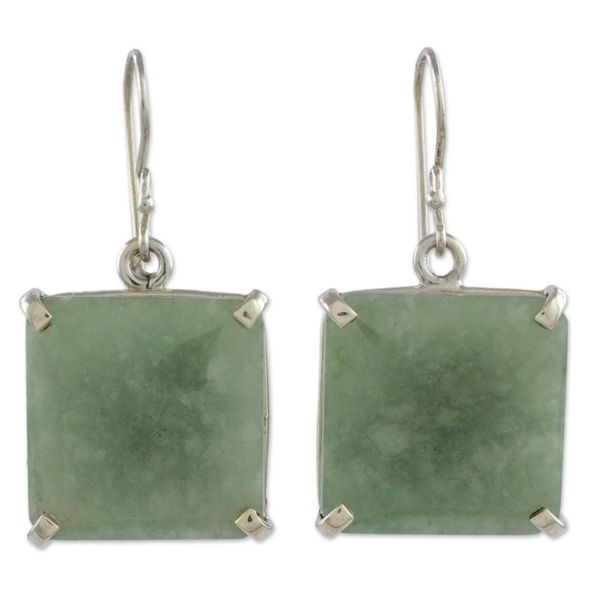 Alternate image for Minimalist Silver and Apple Green Jade Artisan Earrings Abstract Square