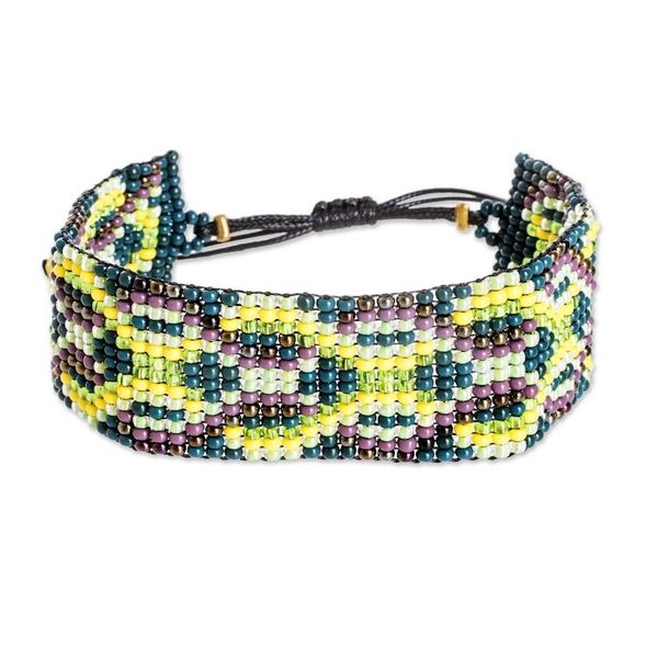 Alternate image for Green and Yellow Geometric Glass Beaded Wristband Bracelet Fortune Geometry