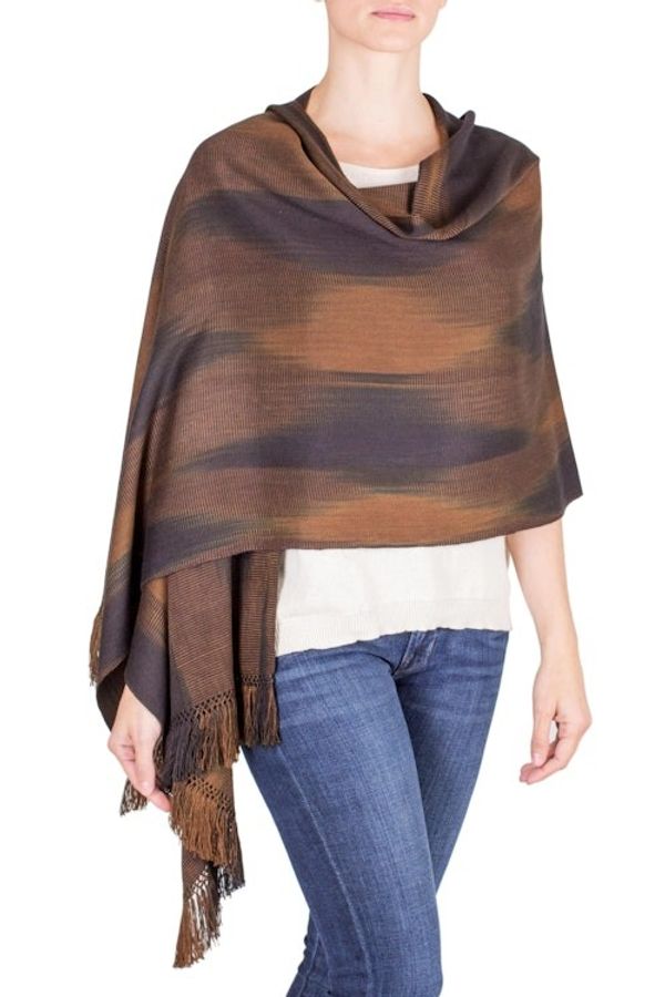 Alternate image for Rayon Shawl Hand Woven in Earth Tones Coffee