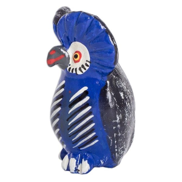 Alternate image for Ceramic Owl Figurine in Blue Hand-Painted in Guatemala Delightful Tecolote