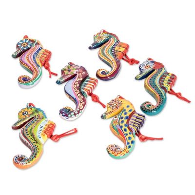 Alternate image for Set of 6 Ceramic Seahorse Ornaments Handmade in Guatemala Seahorse Squadron