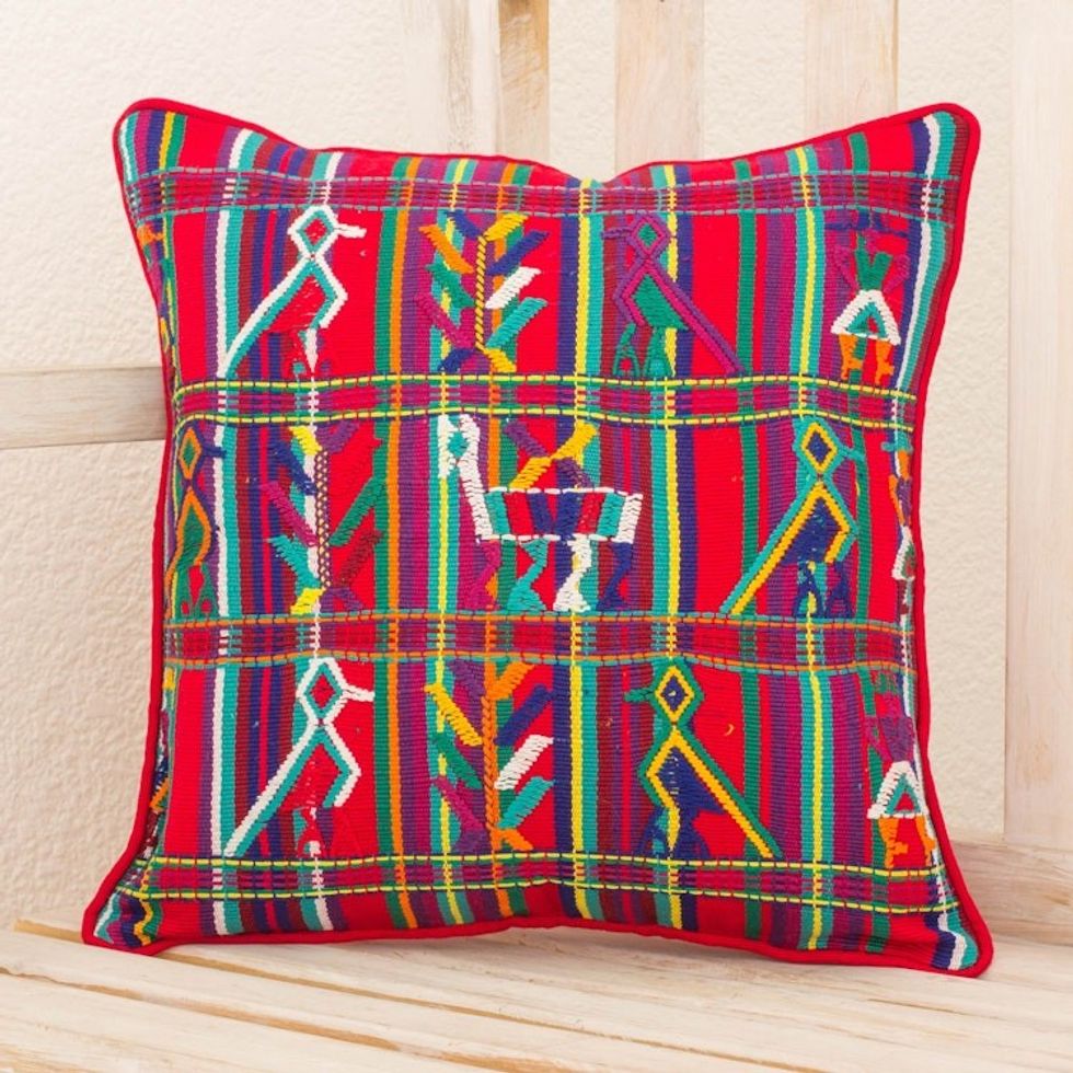 Multicolor Cotton Maya Backstrap Loom Woven Cushion Cover 'Red Birds in Corn'