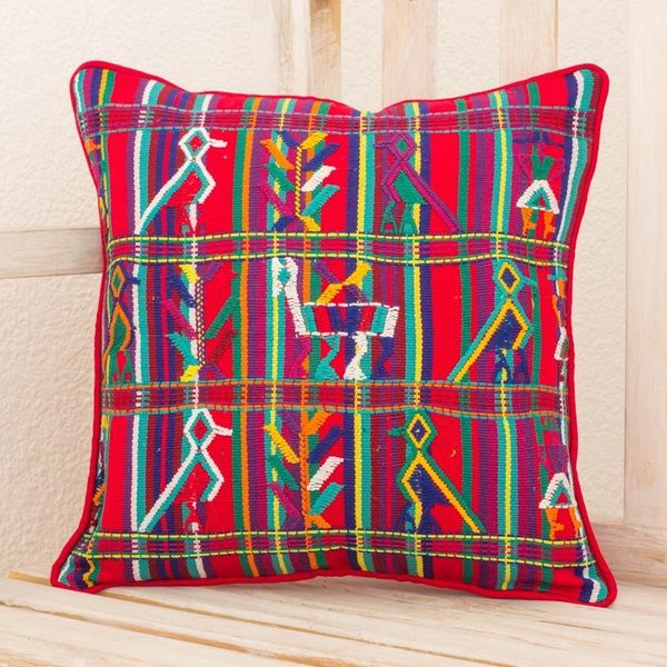 Alternate image for Multicolor Cotton Maya Backstrap Loom Woven Cushion Cover Red Birds in Corn