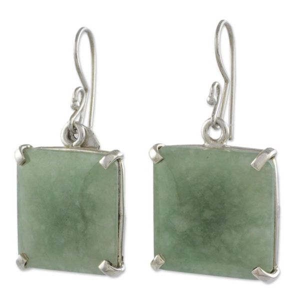 Alternate image for Minimalist Silver and Apple Green Jade Artisan Earrings Abstract Square