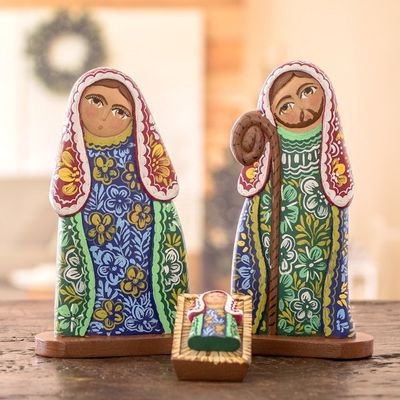 Alternate image for Colorful Handcrafted Floral Wood Nativity Scene 4 Piece Floral Nativity