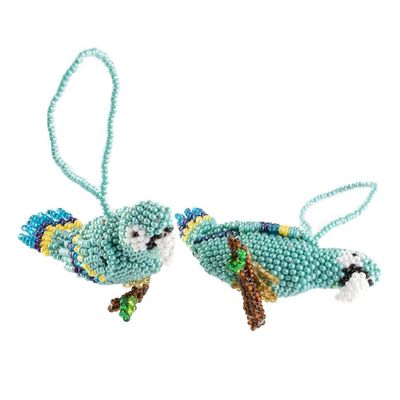 Alternate image for Glass Beaded Blue Macaw Ornaments from Guatemala Pair Blue Macaws