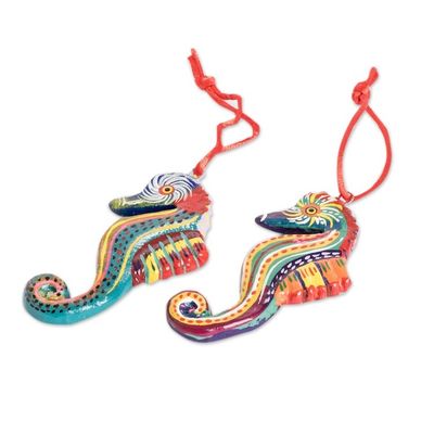 Alternate image for Set of 6 Ceramic Seahorse Ornaments Handmade in Guatemala Seahorse Squadron