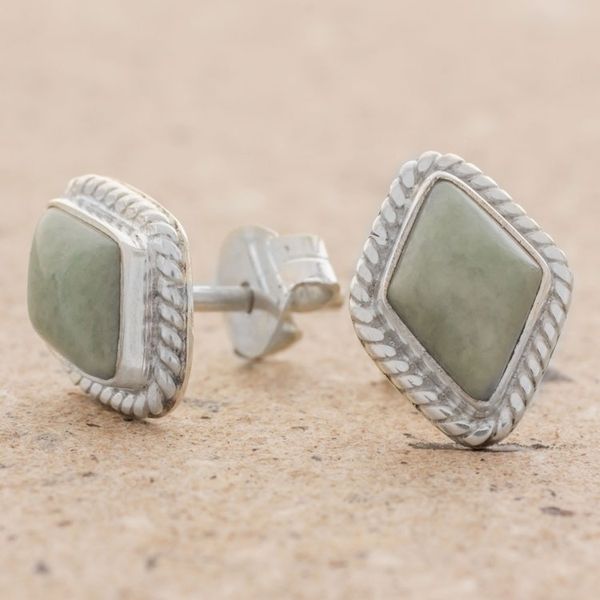 Alternate image for Light Green Jade Rhombus Stud Earrings from Guatemala Diamond Lassos