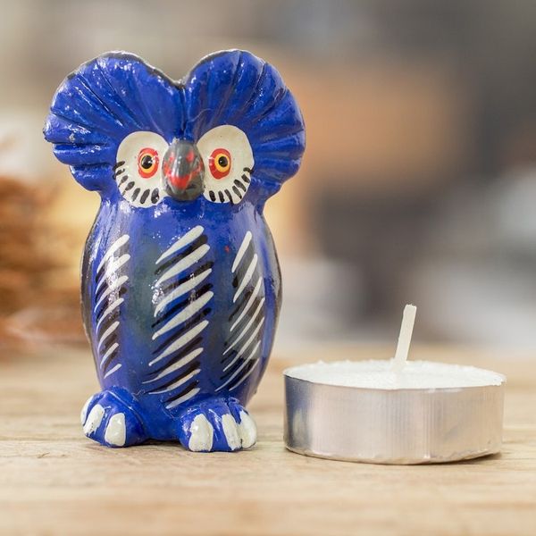 Alternate image for Ceramic Owl Figurine in Blue Hand-Painted in Guatemala Delightful Tecolote