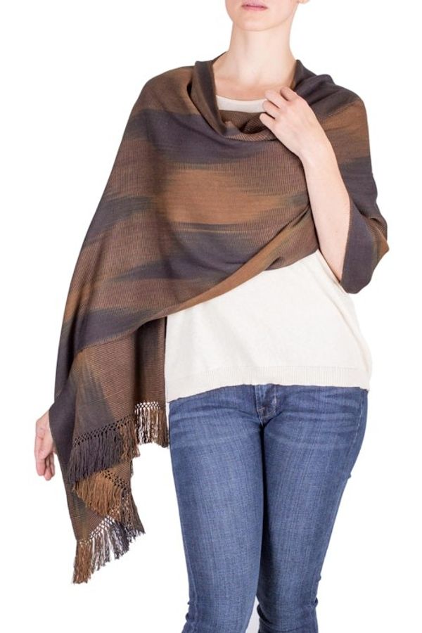 Alternate image for Rayon Shawl Hand Woven in Earth Tones Coffee