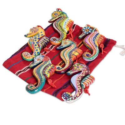 Alternate image for Set of 6 Ceramic Seahorse Ornaments Handmade in Guatemala Seahorse Squadron