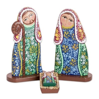 Alternate image for Colorful Handcrafted Floral Wood Nativity Scene 4 Piece Floral Nativity
