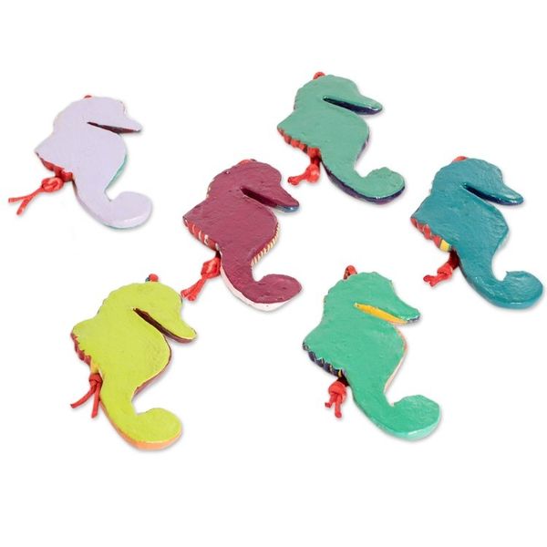 Alternate image for Set of 6 Ceramic Seahorse Ornaments Handmade in Guatemala Seahorse Squadron