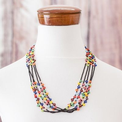 Alternate image for Artisan Handmade Beaded Necklace from Guatemala with Flowers Flower Festival in Black