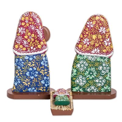 Alternate image for Colorful Handcrafted Floral Wood Nativity Scene 4 Piece Floral Nativity