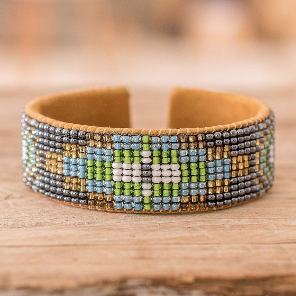 Floral Glass Beaded Cuff Bracelet with Leather Structure 'Colorful Blooming'