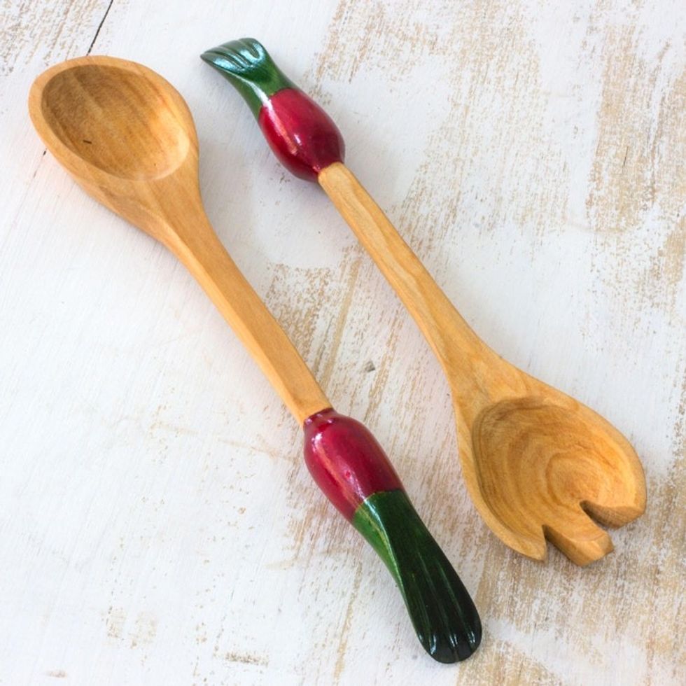 Wood Spoon and Fork Serving Set Pair 'Red Radish'