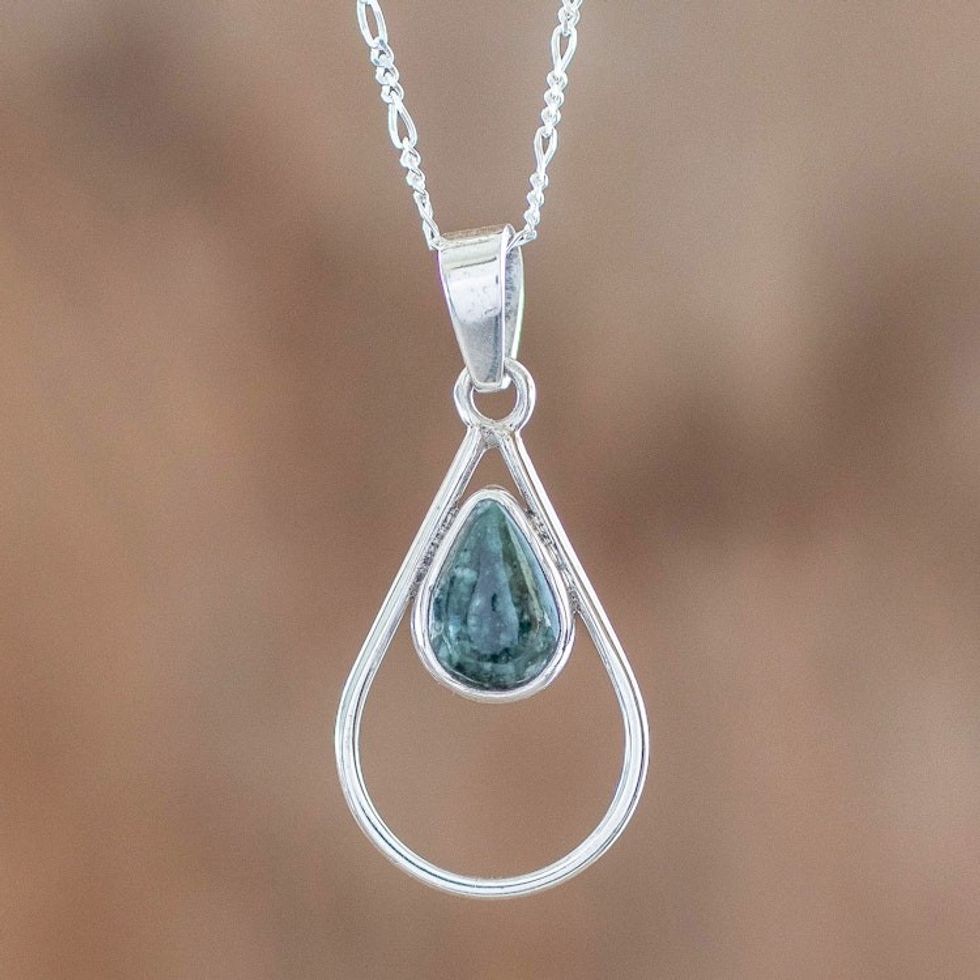 Green Jade and Sterling Silver Teardrop Pendant Necklace 'Simple Drop in Dark Green'