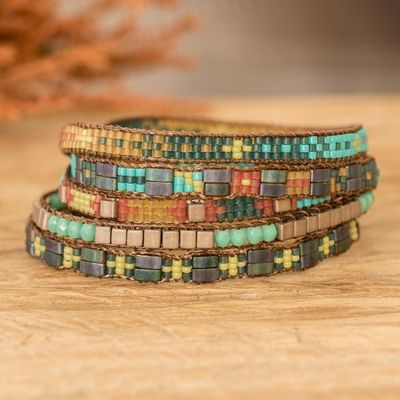 Alternate image for Handmade Green and Turquoise Glass Beaded Wrap Bracelet Turquoise Lagoon