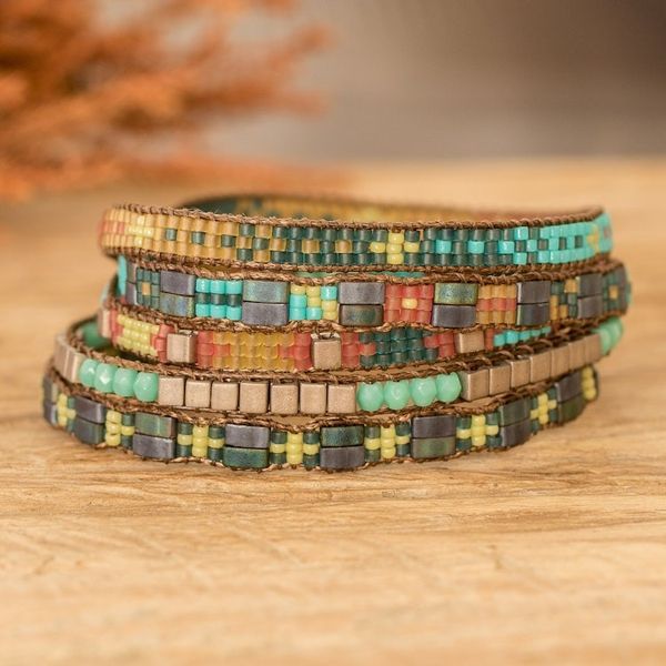 Alternate image for Handmade Green and Turquoise Glass Beaded Wrap Bracelet Turquoise Lagoon