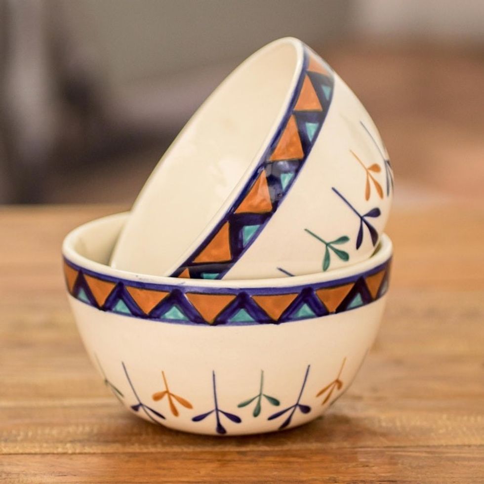 Ceramic Hand Painted Soup Bowls with Geometric Design Pair 'Antigua Breeze'