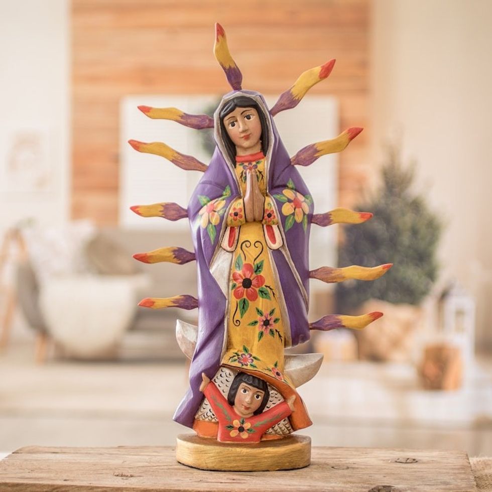 Handcrafted Floral Our Lady of Guadalupe Pinewood Sculpture 'Queen of Guadalupe'