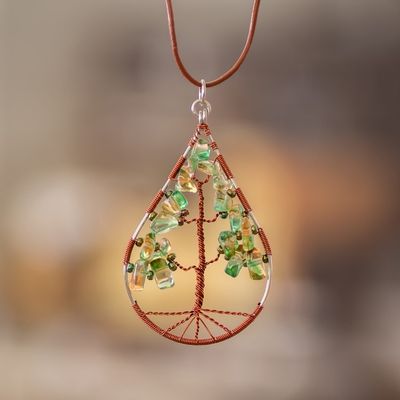 Alternate image for Drop-Shaped Tree-Themed Natural Peridot Pendant Necklace Drop of Life in Green