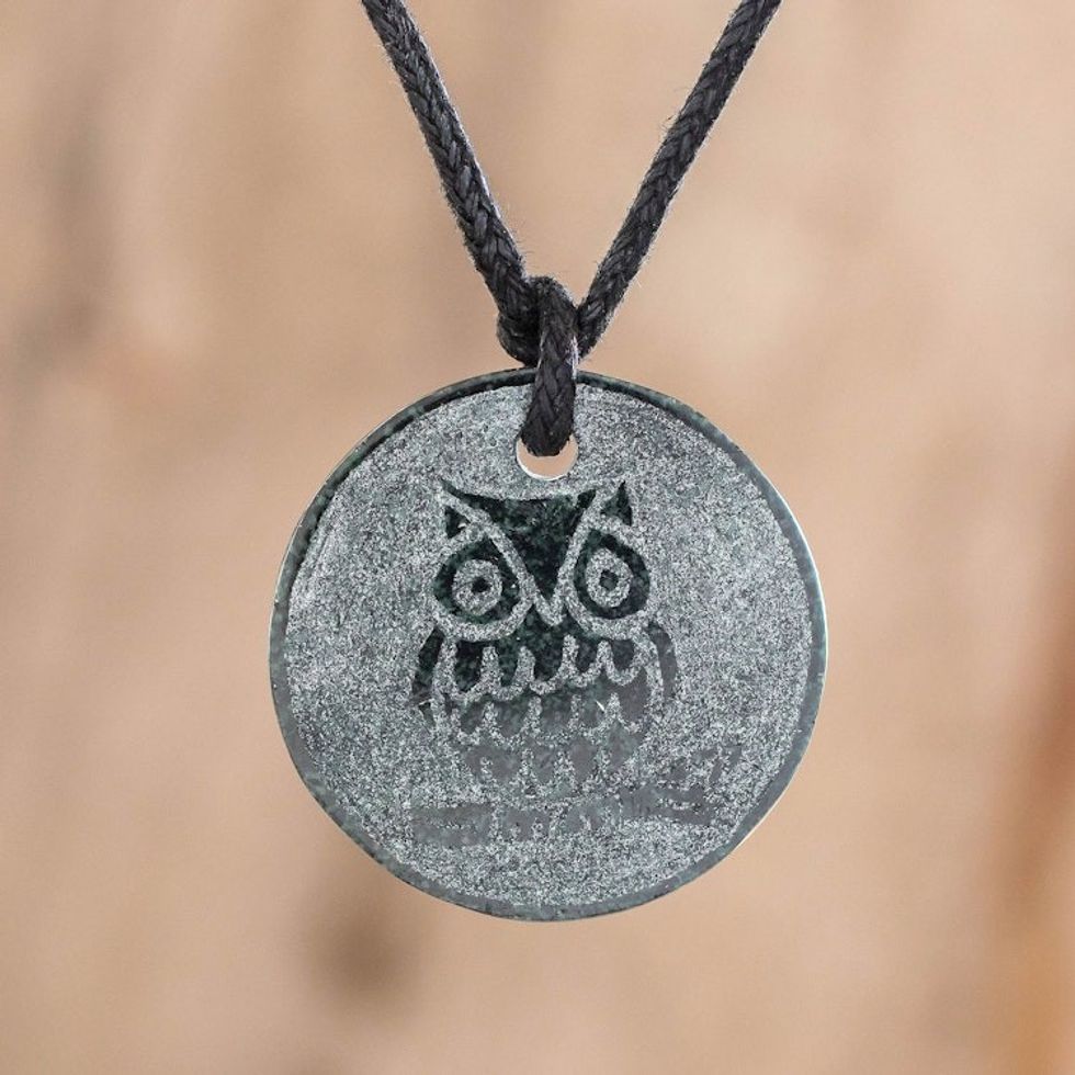 Hand-Carved Jade Owl Pendant Necklace from Guatemala 'Kame'