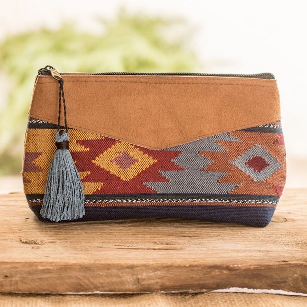 Hand-Woven Cotton Cosmetic Bag with Suede Accent and Tassel 'Feminine Subtlety in Blue'