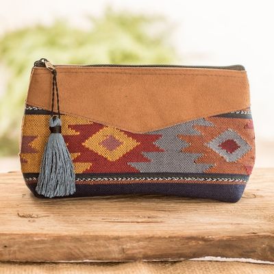 Alternate image for Hand-Woven Cotton Cosmetic Bag with Suede Accent and Tassel Feminine Subtlety in Blue
