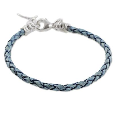 Alternate image for 999 Silver Blue Leather Charm Wristband Bracelet Guatemala Walk of Life in Blue