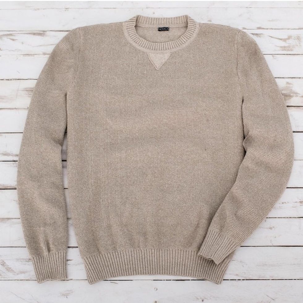 Men's Beige Cotton Pullover Sweater from Guatemala 'Sporting Elegance'