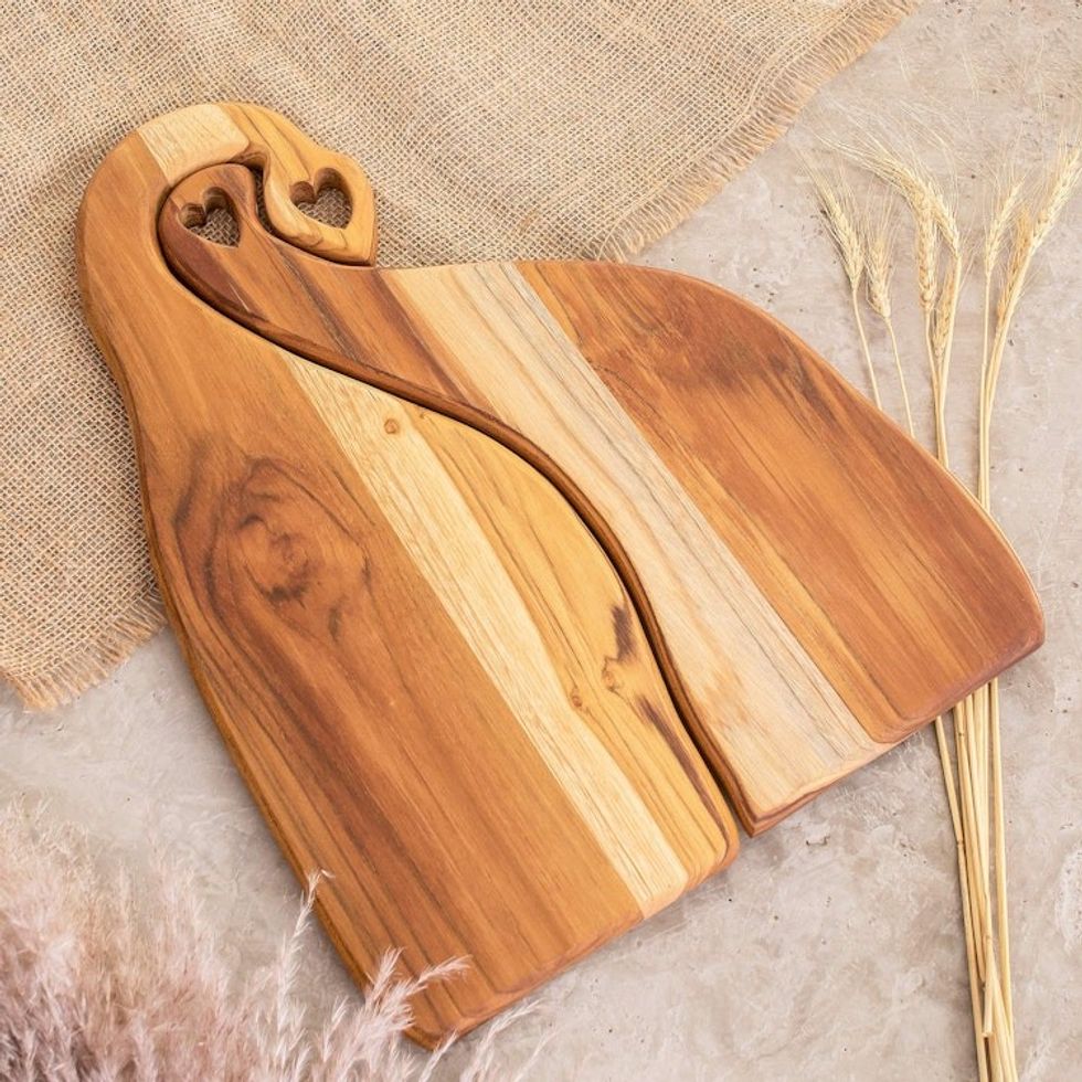 Pair of Heart-Themed Teakwood Cutting Boards from Guatemala 'Cooking Lover'