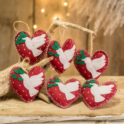 Alternate image for Set of 6 Handmade Felt Heart Ornaments with Doves Love Doves