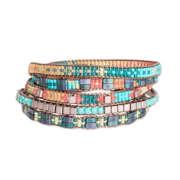 Alternate image for Handmade Green and Turquoise Glass Beaded Wrap Bracelet Turquoise Lagoon