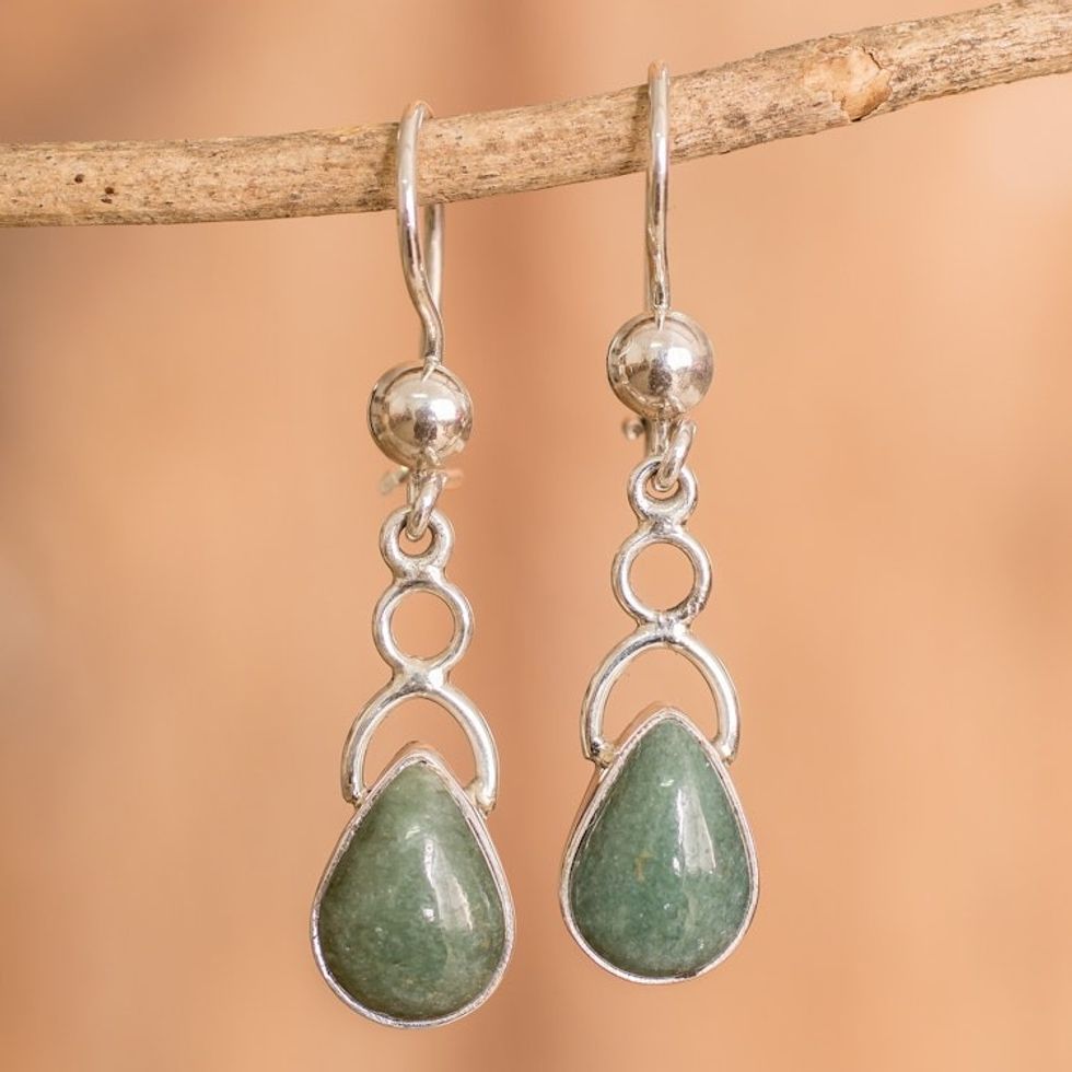 Sterling Silver Dangle Earrings with Drop-Shaped Jade Stones 'Harmony Drops'