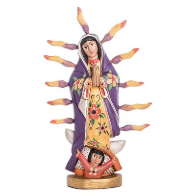 Alternate image for Handcrafted Floral Our Lady of Guadalupe Pinewood Sculpture Queen of Guadalupe