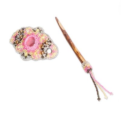Alternate image for Handcrafted Pink and Yellow Glass Beaded Hairpin Edens Pink Beauty