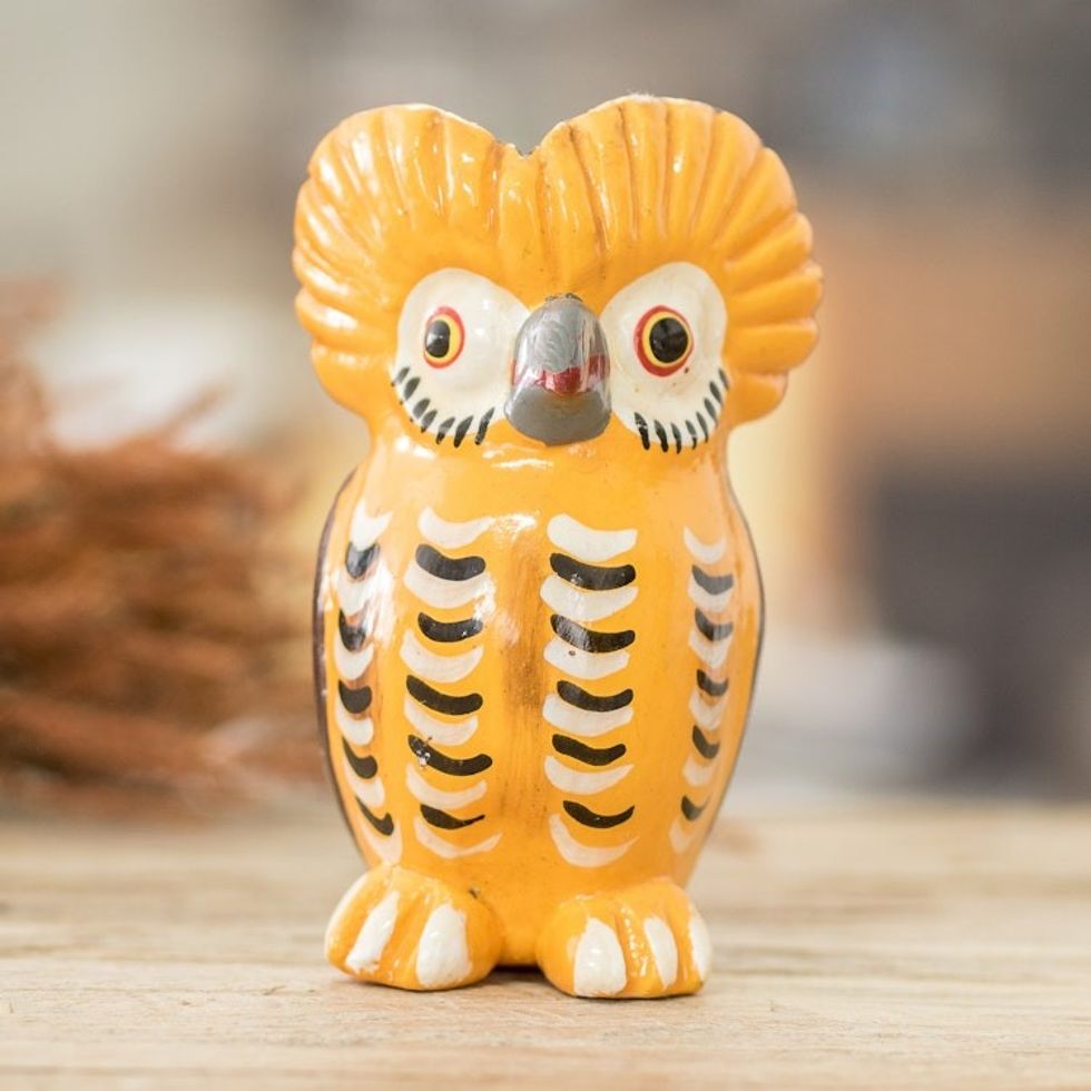 Handmade and Painted Ceramic Owl Figurine in Yellow 'Lively Tecolote'