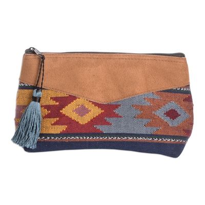 Alternate image for Hand-Woven Cotton Cosmetic Bag with Suede Accent and Tassel Feminine Subtlety in Blue