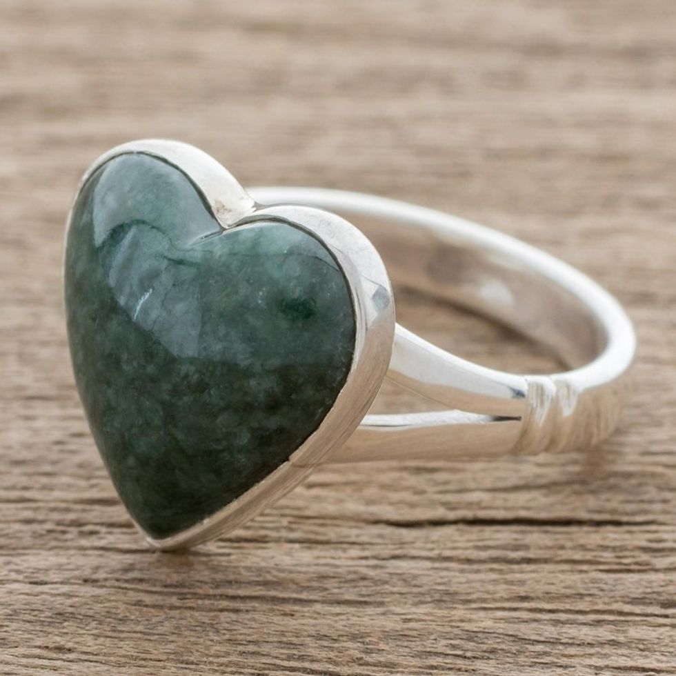 Heart-Shaped Dark Green Jade Cocktail Ring from Guatemala 'Love Dream'