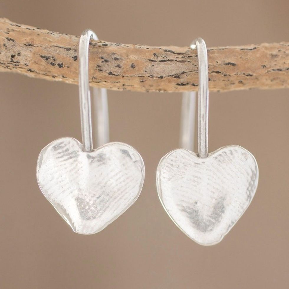 Heart-Shaped Fine Silver Drop Earrings from Guatemala 'Fingerprint Hearts'