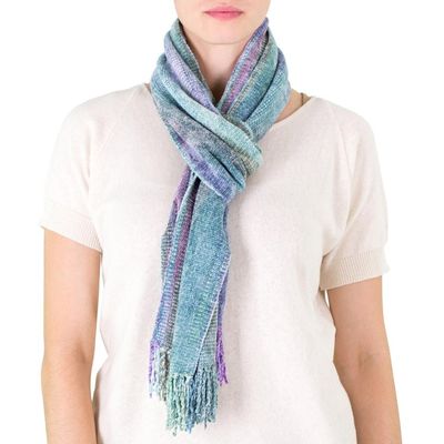 Alternate image for Handwoven Mint and Aqua Rayon Chenille Scarf from Guatemala Enchanted Sky