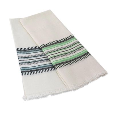 Alternate image for Two Handwoven Guatemalan White and Green Cotton Dish Towels Forest Colors