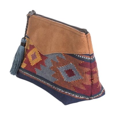 Alternate image for Hand-Woven Cotton Cosmetic Bag with Suede Accent and Tassel Feminine Subtlety in Blue