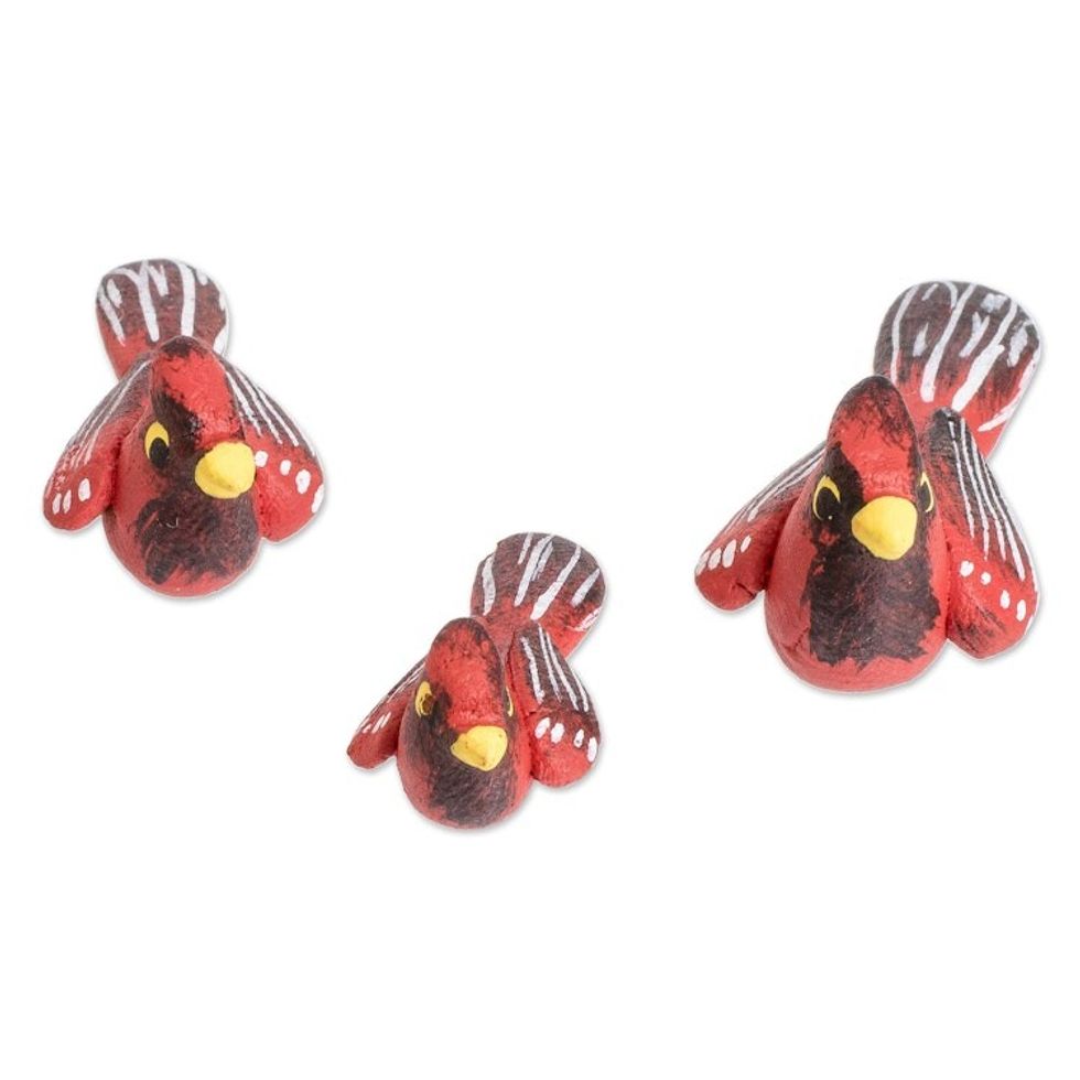 Set of 3 Hand-painted Cardinal-themed Ceramic Figurines 'Cardinal Family'