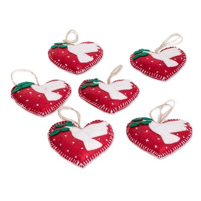 Alternate image for Set of 6 Handmade Felt Heart Ornaments with Doves Love Doves