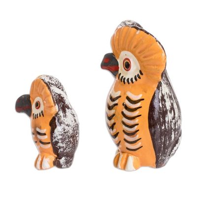 Alternate image for 2 Handcrafted Ginger Orange Ceramic Owl Figurines Owls of Good Fortune
